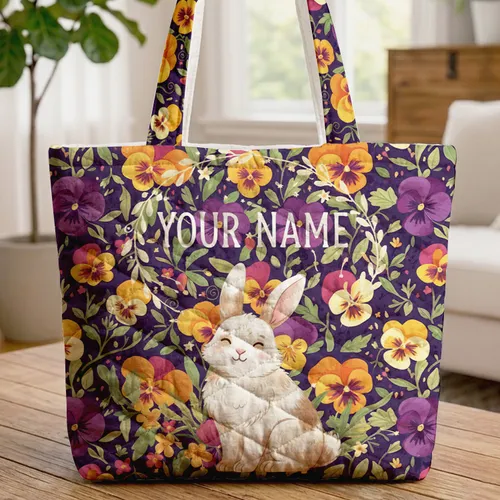 Bunny Pansies Violas Floral Wreath - Personalized 'Your Name' Nature Lover Gift Quilted Tote Bag