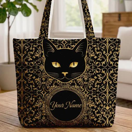 Black Cat Personalized Medallion Dark Academia Lifestyle Cat Lover Gift Quilted Tote Bag