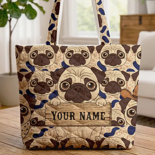 Expressive Pug Trio Personalized Name Sign - Dog Lover Everyday Lifestyle Gift Quilted Tote Bag