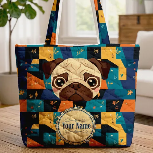 Pug Mosaic Leaves Flowers Name Plate - Pug Lover Gift Quilted Tote Bag