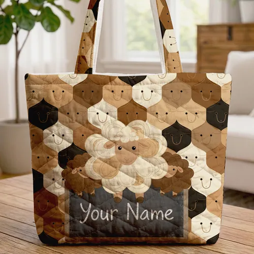Three Sheep Your Name Slate Panel - Farmhouse Decor Gift for Sheep Lovers Quilted Tote Bag
