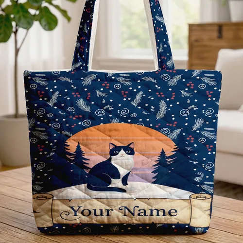 Black Cat Snowy Pine Trees Winter Berries Sunset - Winter Season Cat Lover Gift Quilted Tote Bag