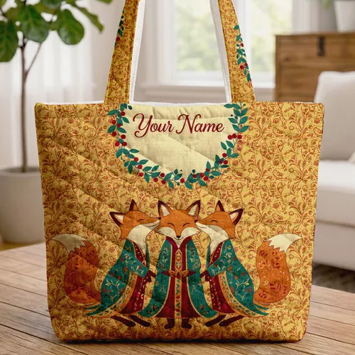 Personalized Three Foxes Emerald Green Crimson Berries Wreath Wildlife Lover Gift for Fox Lover Quilted Tote Bag