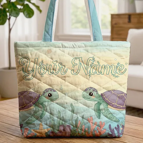 Sea Turtles Coral Starfish Seashells - Ocean Lover Gift for Marine Life Enthusiasts Quilted Tote Bag