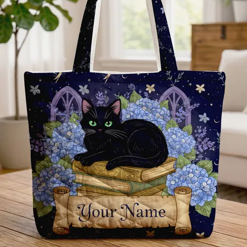Celestial Night Black Cat Books Lavender - Cat Lover Gift Everyday Tote Quilted Tote Bag