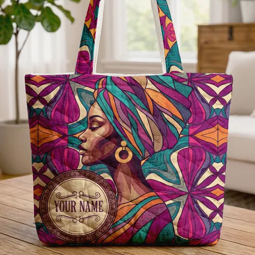 Elaborate Headwrap Woman Profile Squares Triangles Curves - Everyday Tote Gift Quilted Tote Bag