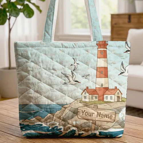 Personalized Lighthouse Cottages Ocean Terns Seashells - Coastal Home Decor Gift Quilted Tote Bag