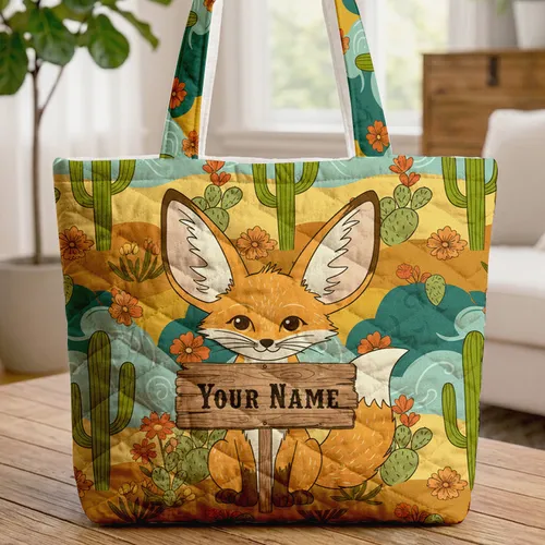 Fennec Fox Desert Cacti Personalized Sign - Everyday Carry Gift Quilted Tote Bag