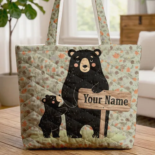 Mama Bear Cub Personalized Wooden Sign Pinecone Leaves - Wildlife Lover Gift Quilted Tote Bag