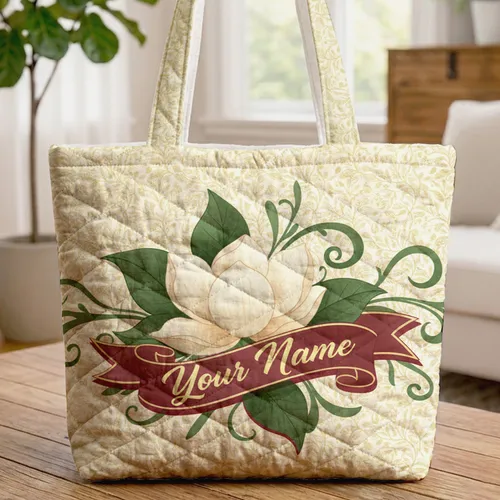 Magnolia Bloom Green Leaf Ribbon - Floral Home Decor Gift Quilted Tote Bag