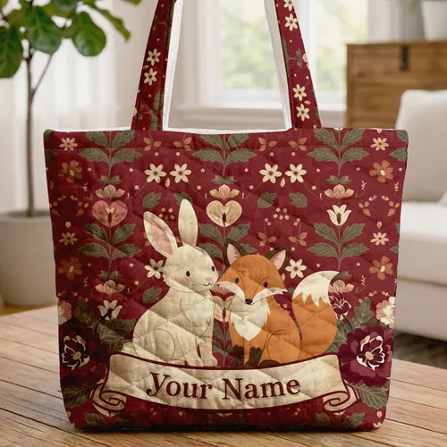 Bunny Fox Woodland Patriotic Flowers Your Name Scroll Independence Day Gift Quilted Tote Bag