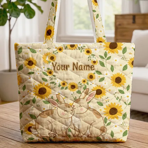 Nuzzling Bunnies Sunflowers Daisy Wreath - Nature Lover Everyday Tote Gift Quilted Tote Bag