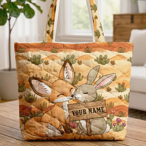 Fennec Fox Desert Bunny Saguaro Succulents - Wildlife Lover Gift Quilted Tote Bag