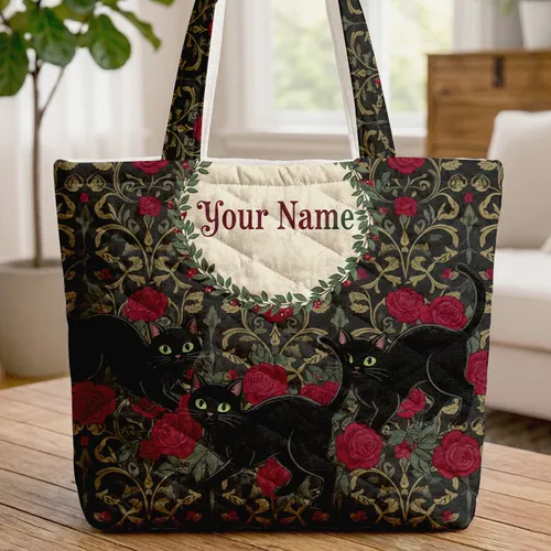 Black Cats Green Eyes Crimson Roses Botanical Vines - Everyday Tote Cat Lover Gift Quilted Tote Bag