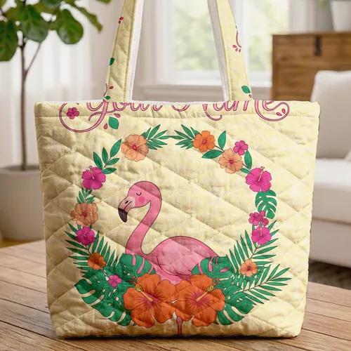 Pink Flamingo Hibiscus Floral Wreath - Tropical Lifestyle Gift Quilted Tote Bag