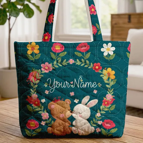Bear Bunny Nuzzling Your Name Quilt Flowers - Child Gift Quilted Tote Bag