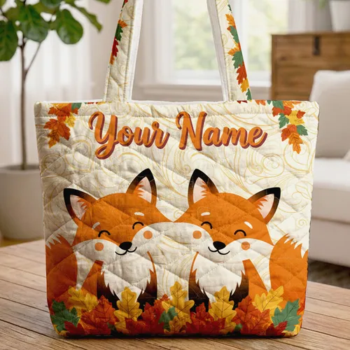Two Adorable Foxes Autumn Leaves Lush Garland Personalized Fall Gift for Fox Lover Quilted Tote Bag