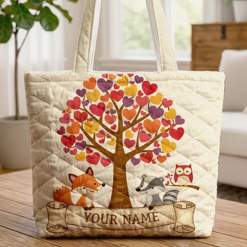Cream Leafy Background Textured Trunk Heart Leaves Tree Name Scroll Banner Thoughtful Gift Quilted Tote Bag