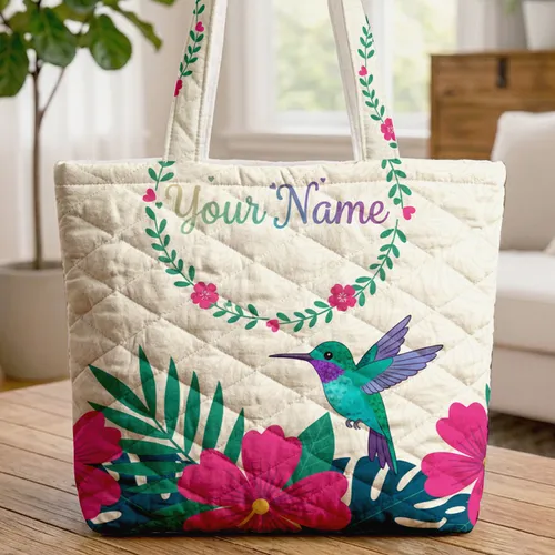 Hummingbird Tropical Flowers Lush Leaves Personalized Name - Nature Lover Everyday Gift Quilted Tote Bag