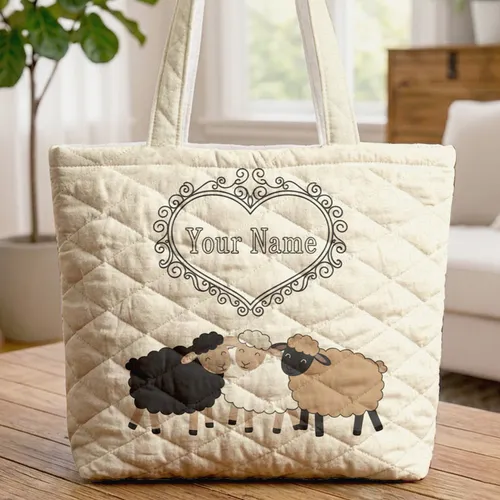 Three Nuzzling Sheep Your Name Heart - Everyday Tote for Sheep Lover Quilted Tote Bag