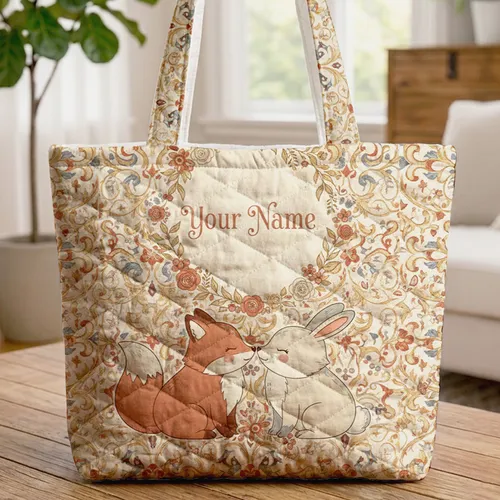 Personalized Fox Bunny Nuzzling Floral Scrollwork - Everyday Tote for Wildlife Lover Quilted Tote Bag