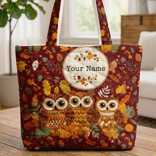 Owls Autumn Foliage Personalized Name - Farmhouse Fall Decor Gift for Owl Lovers Quilted Tote Bag
