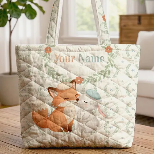 Nuzzling Fox Bunny Name Wreath Laurel Stars Vintage Berets - Everyday Wildlife Gift Quilted Tote Bag