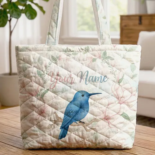 Blue Hummingbird Magnolia Blossom Floral Wreath Leaf Garland - Personalized Nature Lover Gift Quilted Tote Bag
