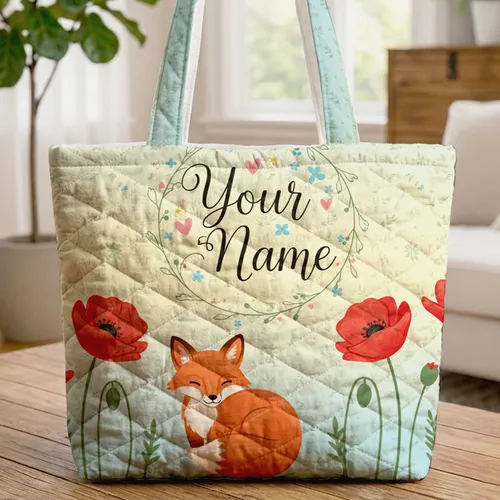 Red Fox Cub Poppies Floral Wreath Cursive - Wildlife Lover Gift Quilted Tote Bag