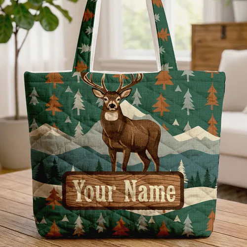 Personalized Majestic Deer Antlers Mountain Forested Landscape - Wildlife Lover Gift Quilted Tote Bag
