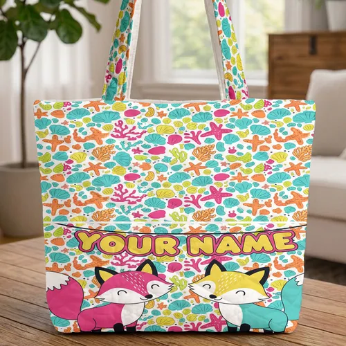 Personalized Foxes Seashells Starfish Coral - Ocean Wildlife Gift Quilted Tote Bag