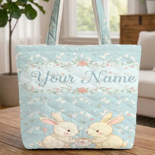 Bunnies Teacup Forget-Me-Not Flowers Polka Dot Floral Wreath - Everyday Carry Quilted Tote Bag