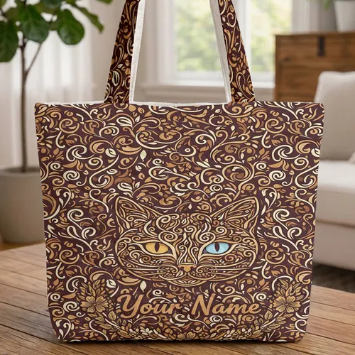 Abstract Cat Face Leaf Vine Your Name Floral Wreath - Cat Lover Everyday Use Quilted Tote Bag