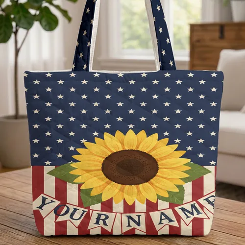Navy Star Sunflower Name Bunting Red Cream Stripe - Floral Lifestyle Home Decor Gift Quilted Tote Bag