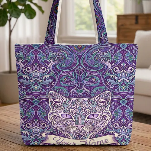 Ornate Cat Face Swirling Floral Abstract - Cat Lover Everyday Use Gift Quilted Tote Bag