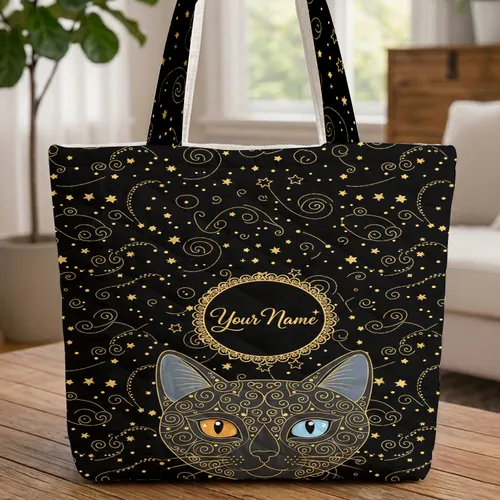 Cat Gold Stars Celestial Personalized Medallion - Cat Lover Everyday Tote Gift Quilted Tote Bag