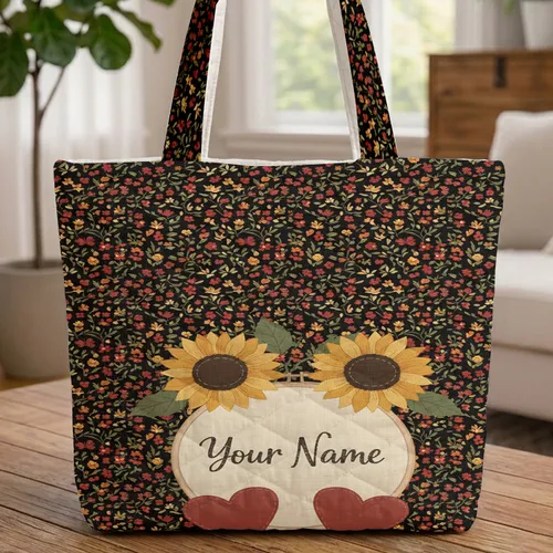 Sunflowers Hearts Wildflower Personalized Name Hoop Frame - Everyday Tote Gift Quilted Tote Bag