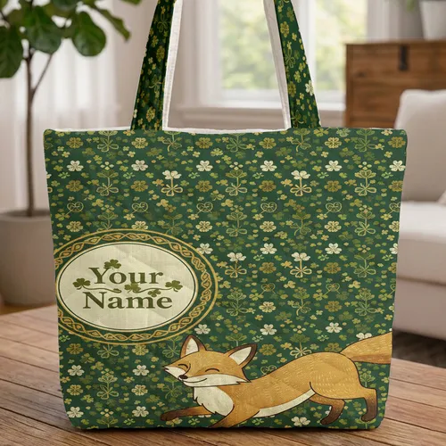 Adorable Fox Shamrocks Wildflowers Celtic Knot Personalized Name - Wildlife Lover Gift Quilted Tote Bag