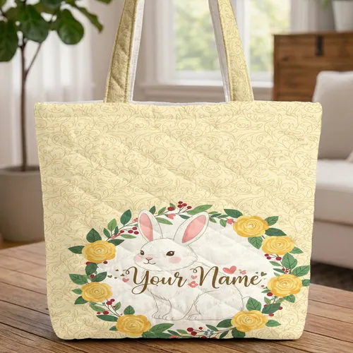 Fluffy White Bunny Floral Wreath Your Name Golden Leaves - Everyday Carry Gift Quilted Tote Bag