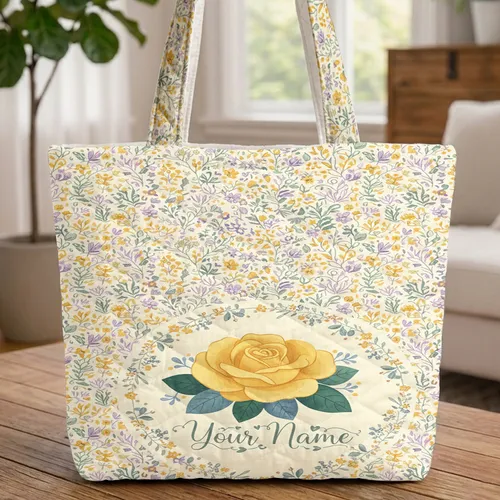 Yellow Rose Green Leaves Floral Wreath Your Name - Botanical Garden Everyday Carry Gift Quilted Tote Bag