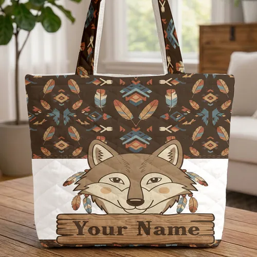 Wolf Head Feather Personalized Rustic Sign - Wildlife Lover Gift Quilted Tote Bag