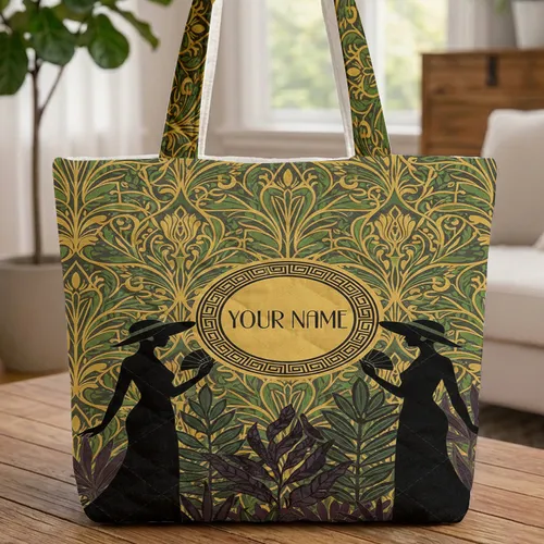 Art Deco Women Silhouettes Botanical Foliage Medallion - Vintage Lifestyle Gift Quilted Tote Bag