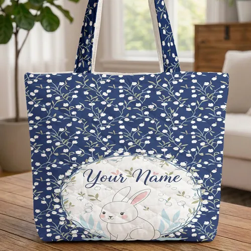 Bunny Lily of the Valley Floral Wreath Personalized Name - Nature Lover Everyday Tote Quilted Tote Bag