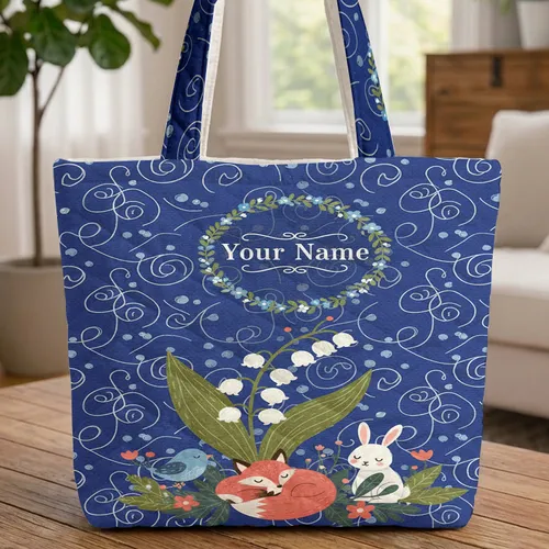 Lily of the Valley Floral Wreath Swirling Lines Berry Clusters - Botanical Lover Everyday Gift Quilted Tote Bag