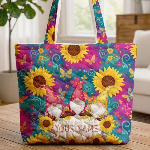 Garden Gnomes Sunflower Butterflies Floral Name Wreath - Garden Lover Gift Quilted Tote Bag