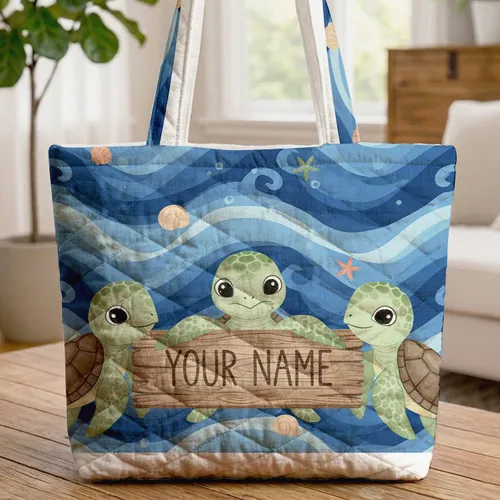 Baby Sea Turtles Ocean Waves Seashells Starfish - Ocean Lover Gift for Kids Quilted Tote Bag