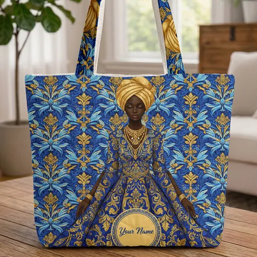 Royal Blue Gown Black Woman Golden Headwrap - Tropical Lifestyle Gift Quilted Tote Bag