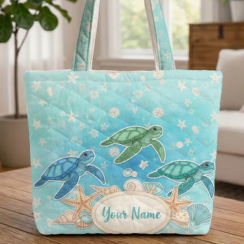 Sea Turtles Starfish Sand Dollars Seashells Ocean Bubbles - Coastal Gift for Beachcomber Quilted Tote Bag