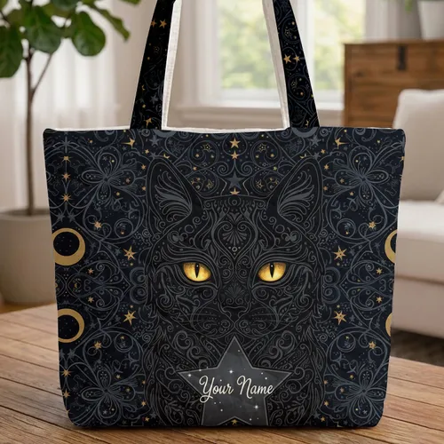 Majestic Black Cat Golden Eyes Crescent Moon Star Swirls - Celestial Cat Lover Gift Quilted Tote Bag