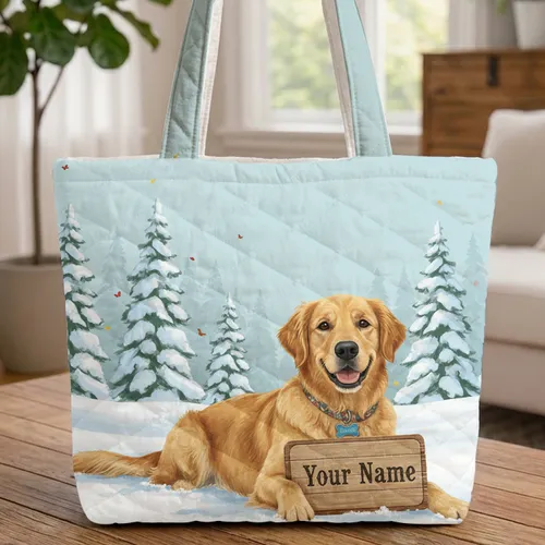 Personalized Golden Retriever Winter Forest Snow - Dog Owner Gift Quilted Tote Bag